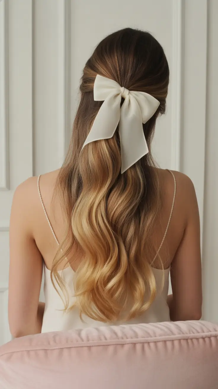 end of summer hairstyles Satin Bow Softie: Half-Up Luxe with Warm Waves