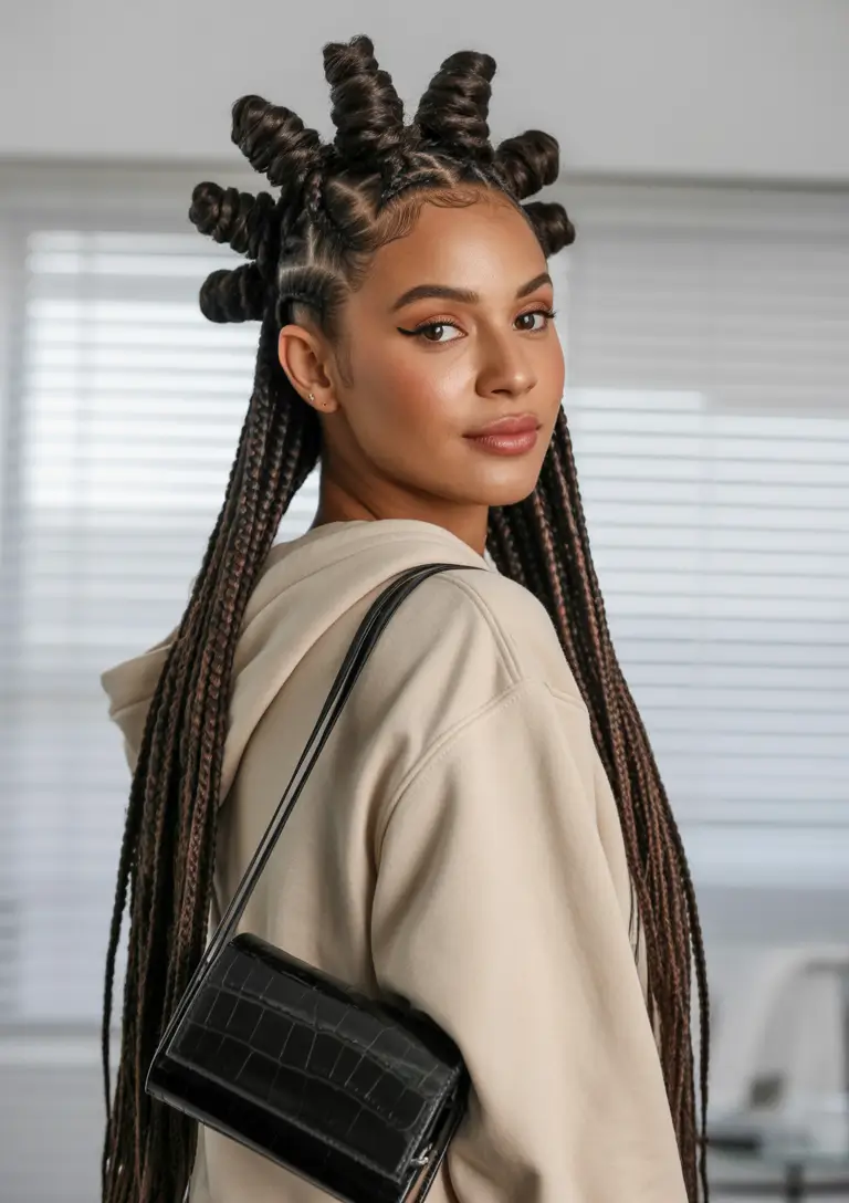 end of summer hairstyles Twist & Turn: Bantu-Inspired Crown with Box Braids