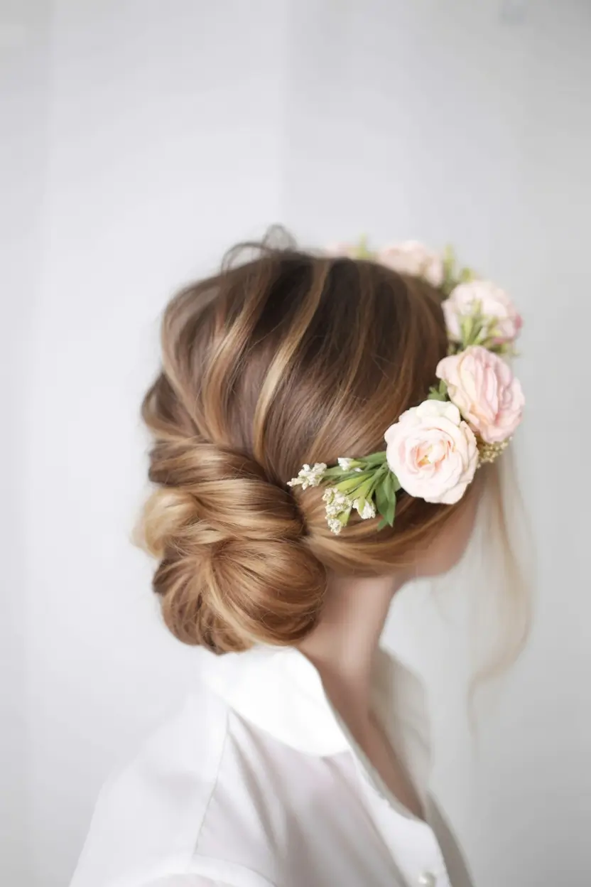 end of summer hairstyles+Twisted Low Chignon with Floral Crown