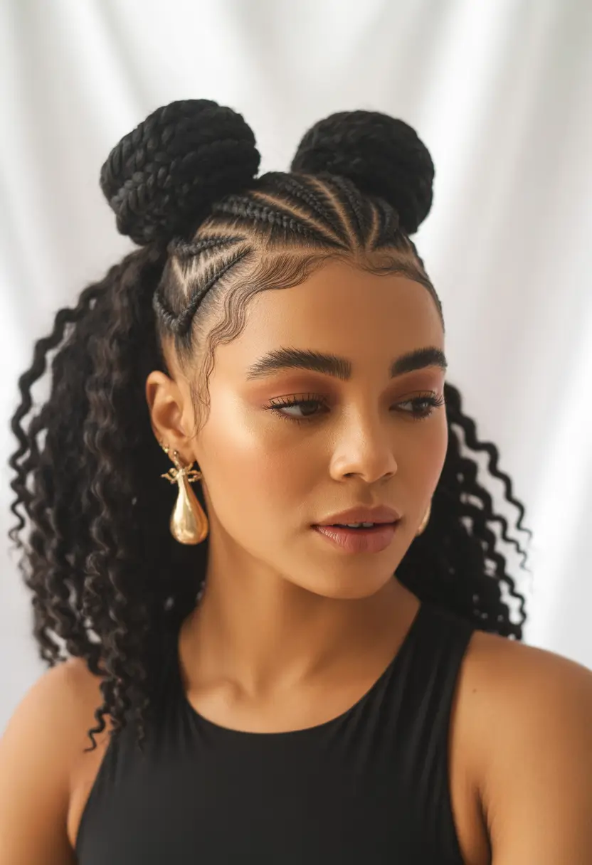 end of summer hairstyles Braided Royalty: Protective Space Bun Cornrows