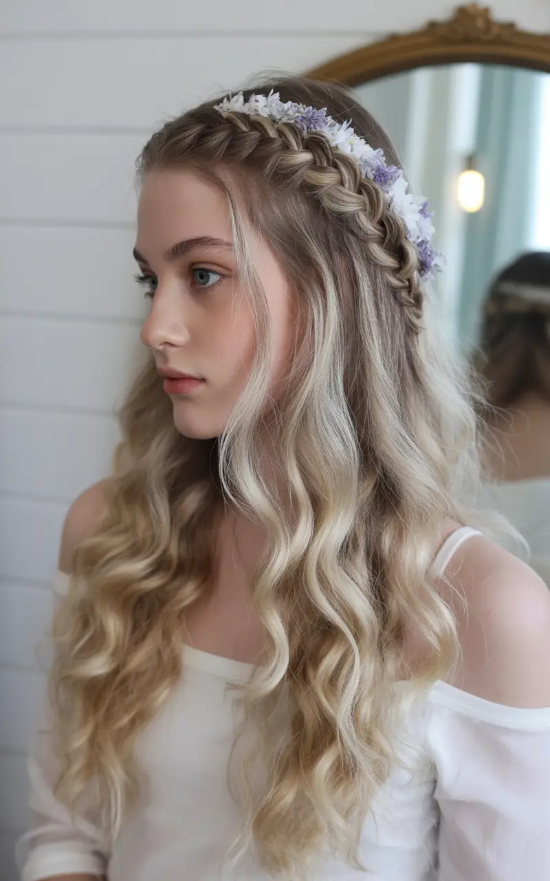 end of summer hairstyles Floral Halo: Romantic Braid Crown with Waves