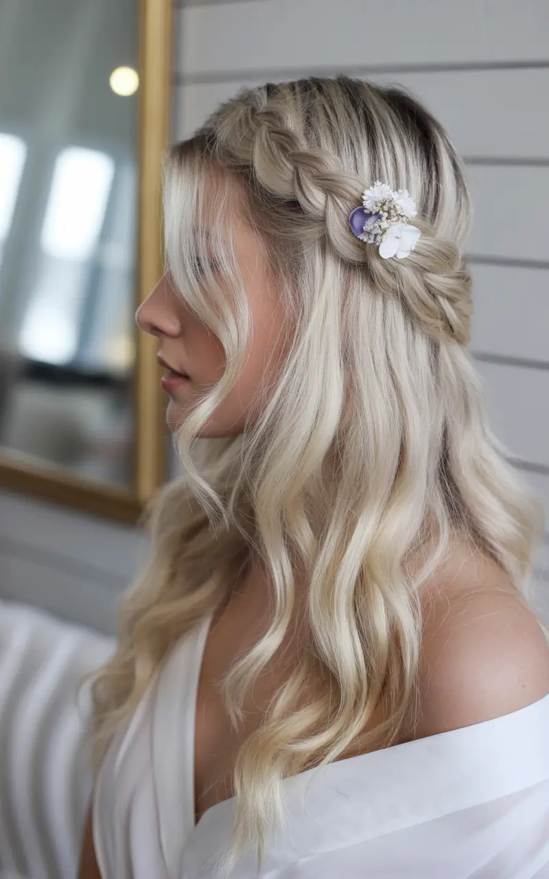 end of summer hairstyles Boho Half-Up with Wildflower Details