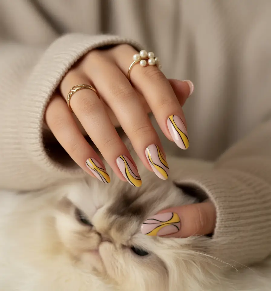 end of summer nails ideas 2025+Muted Sunset Swirls in Yellow and Mauve