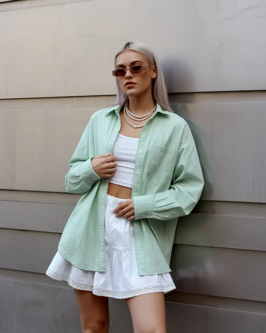 end of summer outfits Mint Green Layers for Crisp City Days
