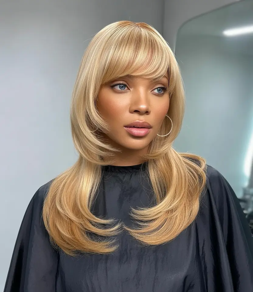 Fall hair color for black women Full Butter Blonde Layers with Bangs and Volume