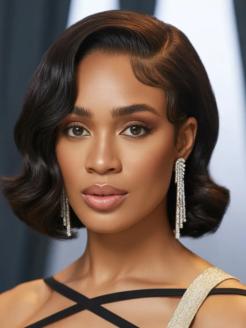 Fall hair color for black women Glossy Vintage Waves with Sculpted Short Layers