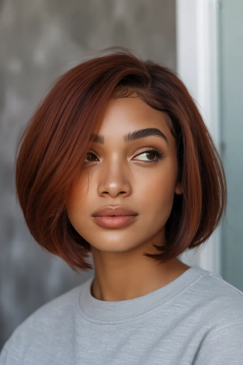 Fall hair color for black women Soft Chestnut Bob with Understated Shine