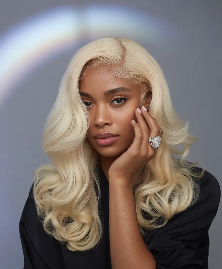 Fall hair color for black women+Glossy Glam with Hollywood Blonde Waves