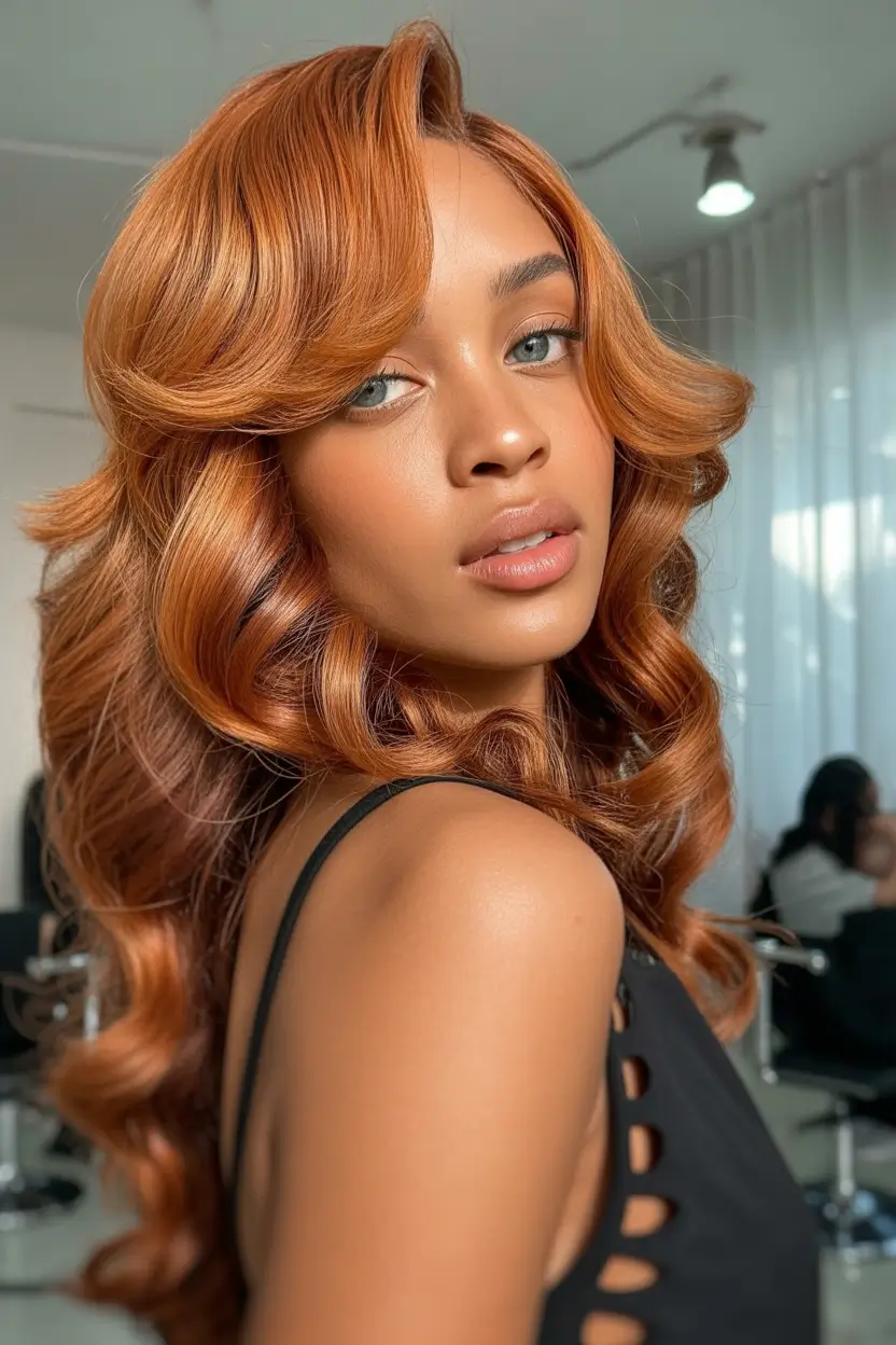 Fall hair color for black women+Spiced Cinnamon Curls with 90s Glam Layers