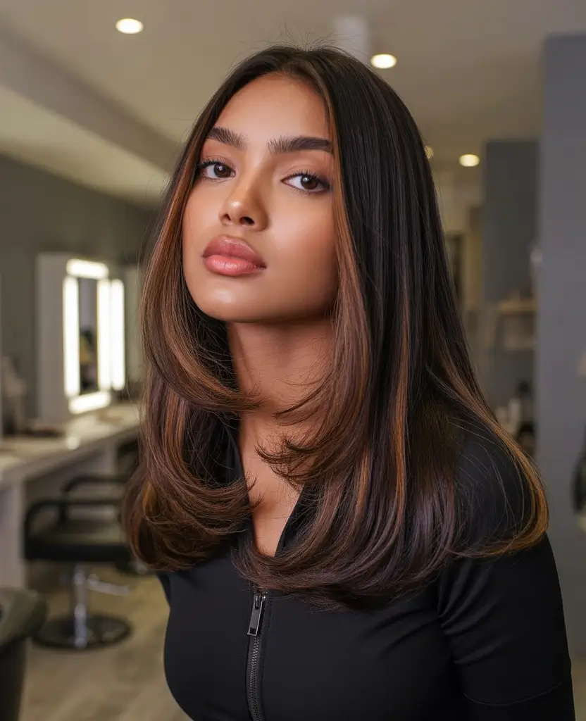 Fall hair color for black women Feathered Medium Layers with Caramel Contrast