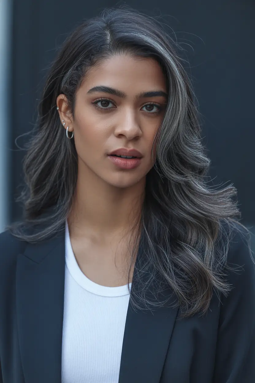 Fall hair color for black women Stormy Ash Gray Waves with Subtle Cool Drama