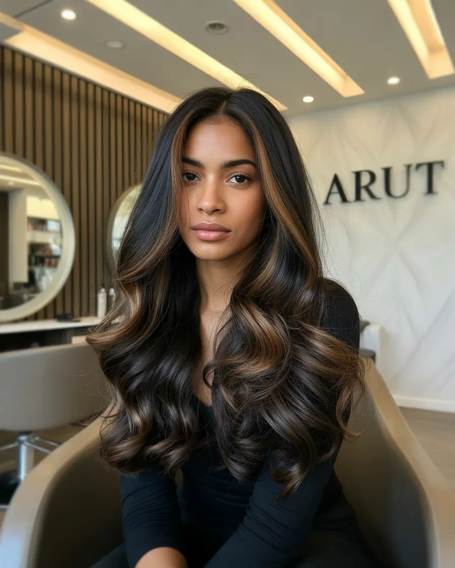 Fall hair color for black women Espresso Swirl with Cinnamon Ribbon Waves