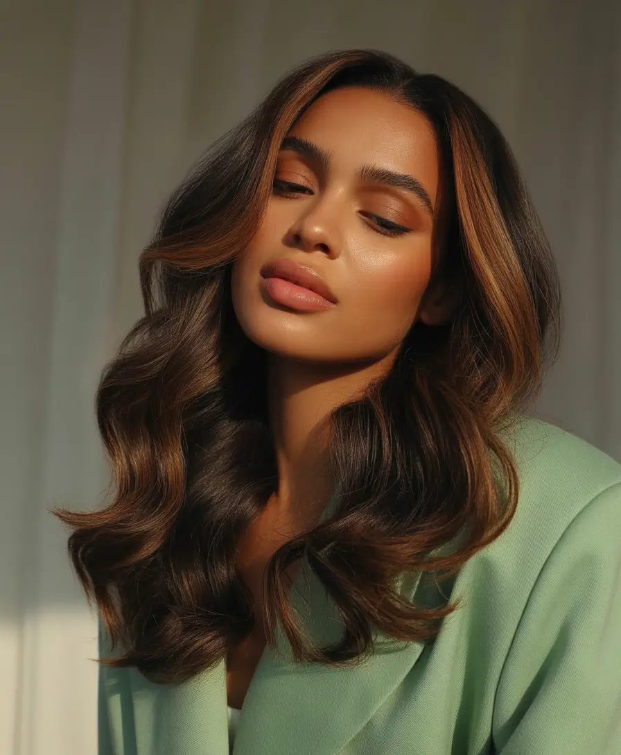 Fall hair color for black women Copper-Glazed Brunette with Lived-In Waves