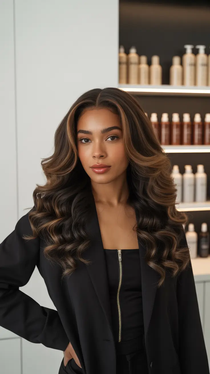 Fall hair color for black women Glossy Caramel Highlights with Power Curls