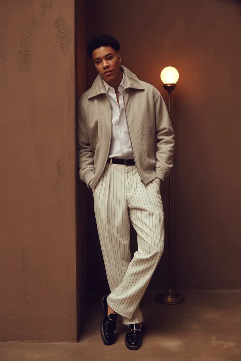 fall business casual outfits for men – Cream Pinstripes & Evening Light