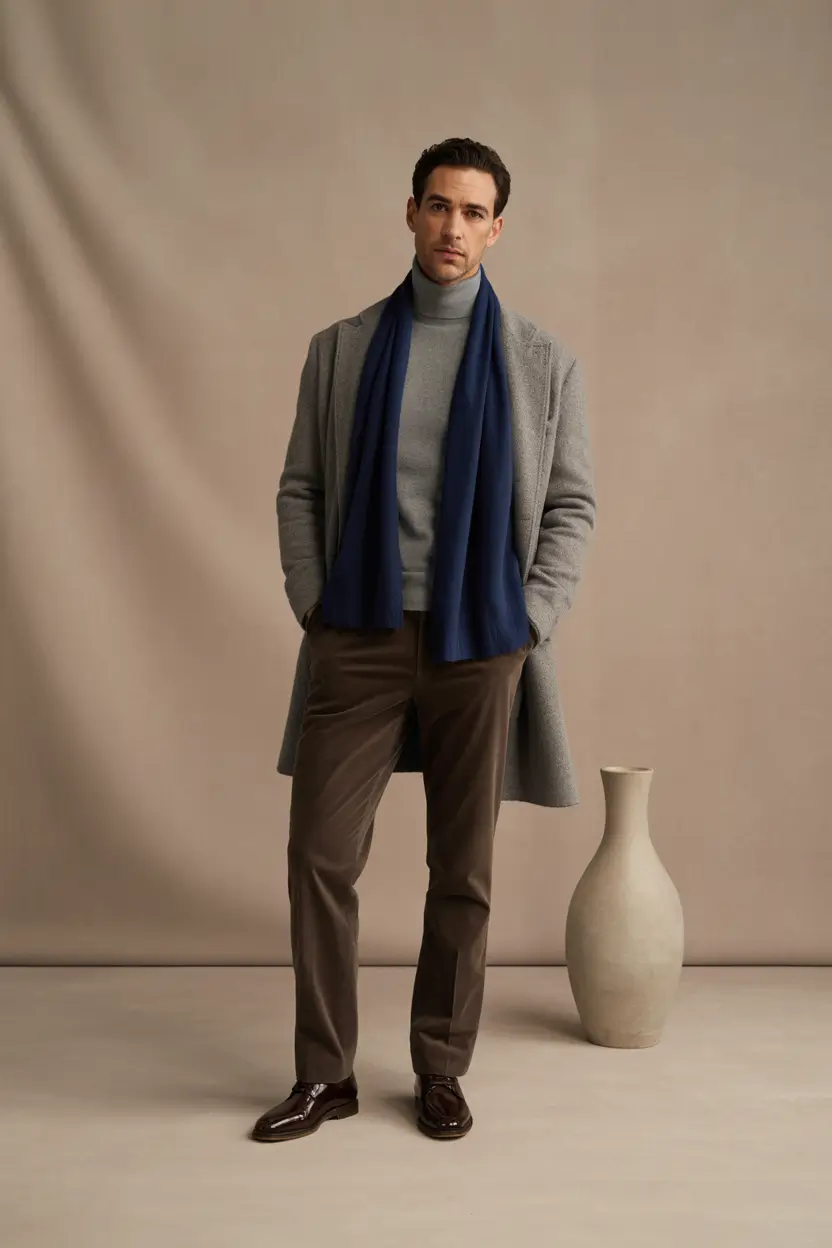 fall business casual outfits for men – Mist Tones & Cobalt Scarf