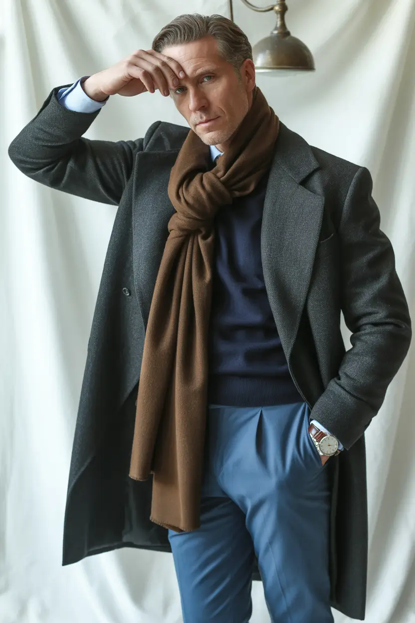 fall business casual outfits for men – Charcoal Overcoat & Caramel Scarf Swagger