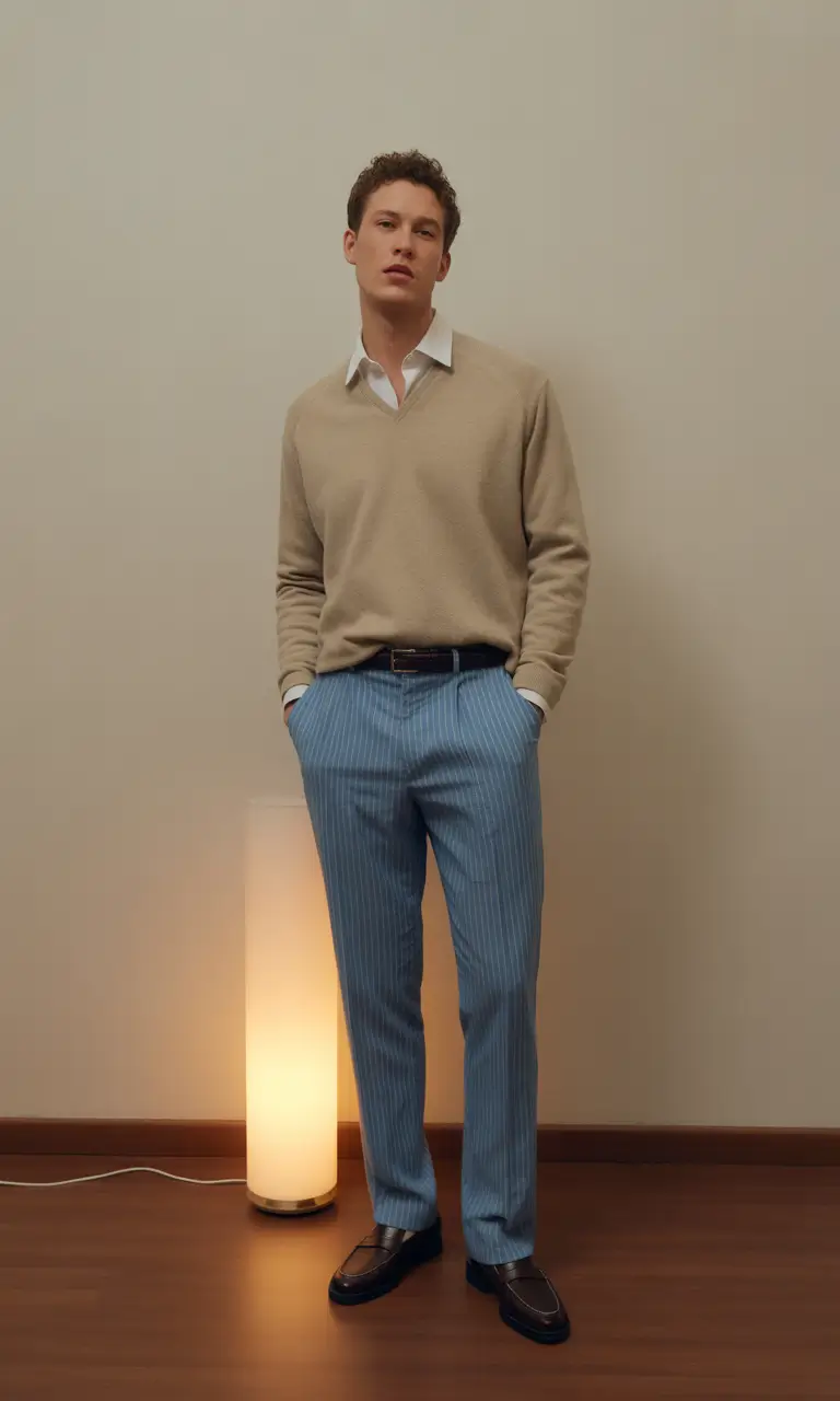 fall business casual outfits for men – Beige & Blue Pinstripe Ease