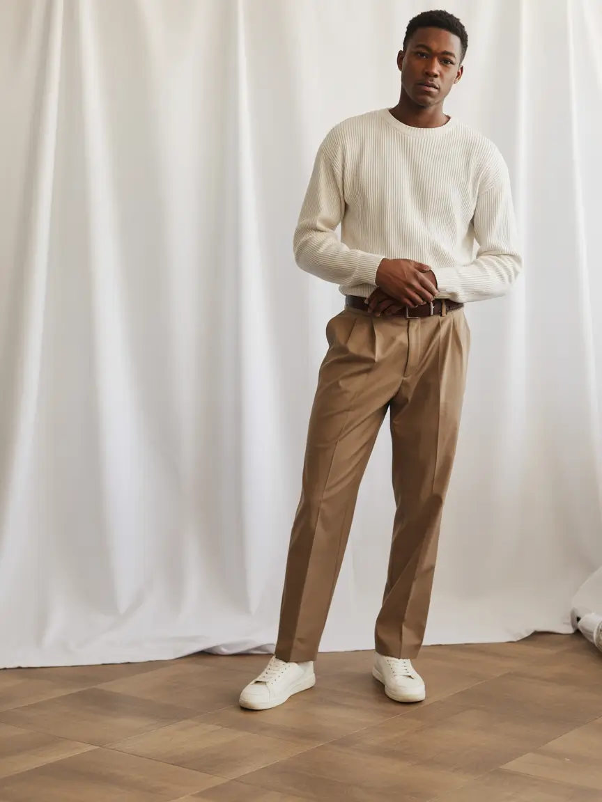 fall business casual outfits for men – Soft Neutrals with Knit Texture