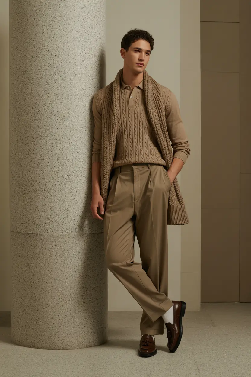 fall business casual outfits for men – Monochrome Cable-Knit Layers