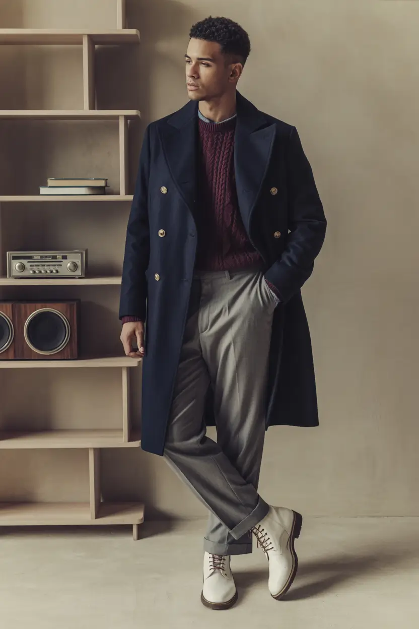 fall business casual outfits for men – Midnight Navy & Cranberry Contrast