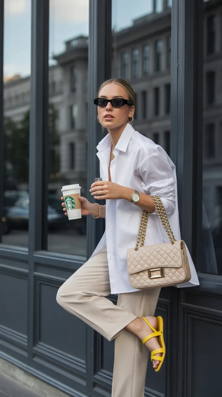 fall business casual outfits Soft Neutrals with a Pop of Bold
