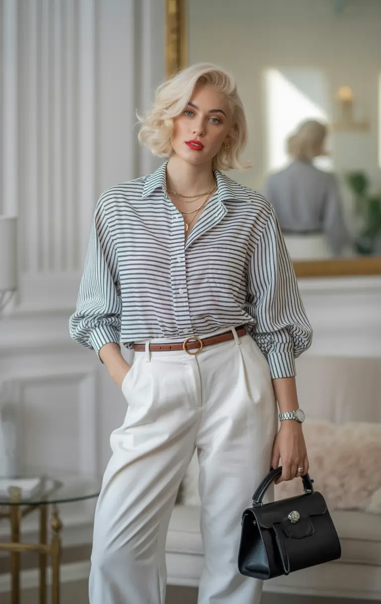 fall business casual outfits Refined Stripes and Red Lips