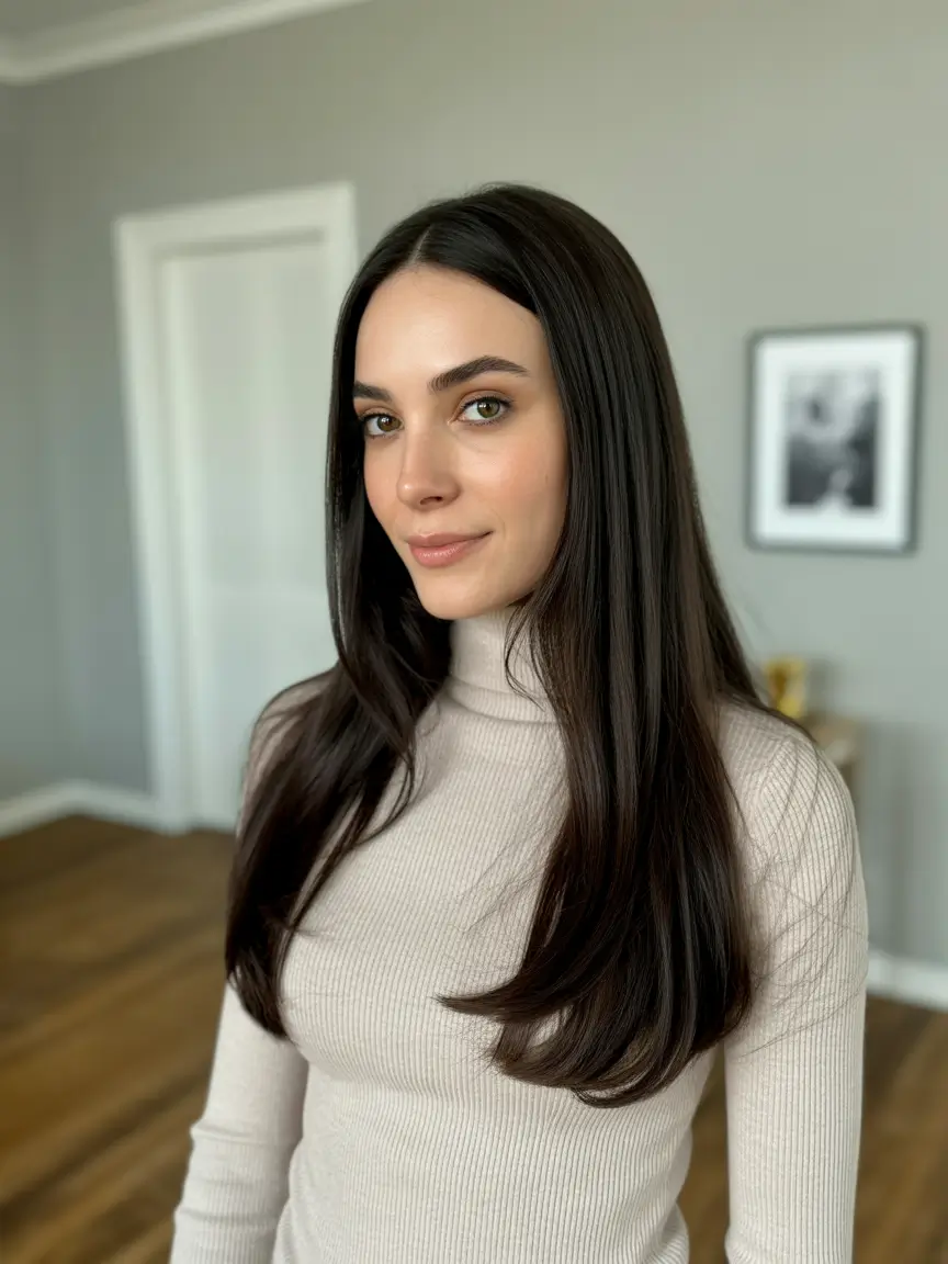 Fall brunette hair color 2025 Glossy Cocoa Layers with Minimalist Edge