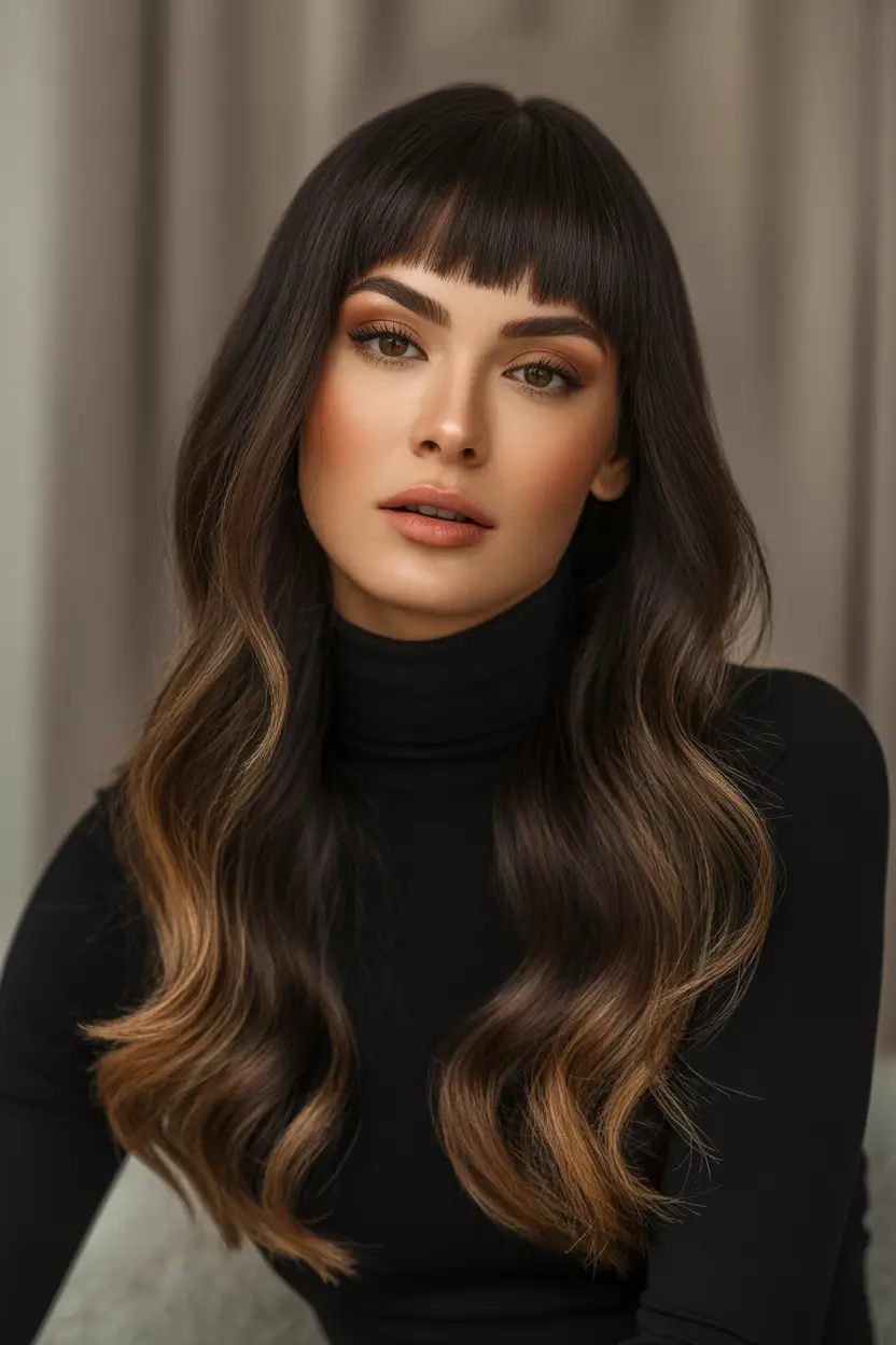 Fall brunette hair color 2025 Deep Brunette with Caramel Balayage and Blunt Bangs