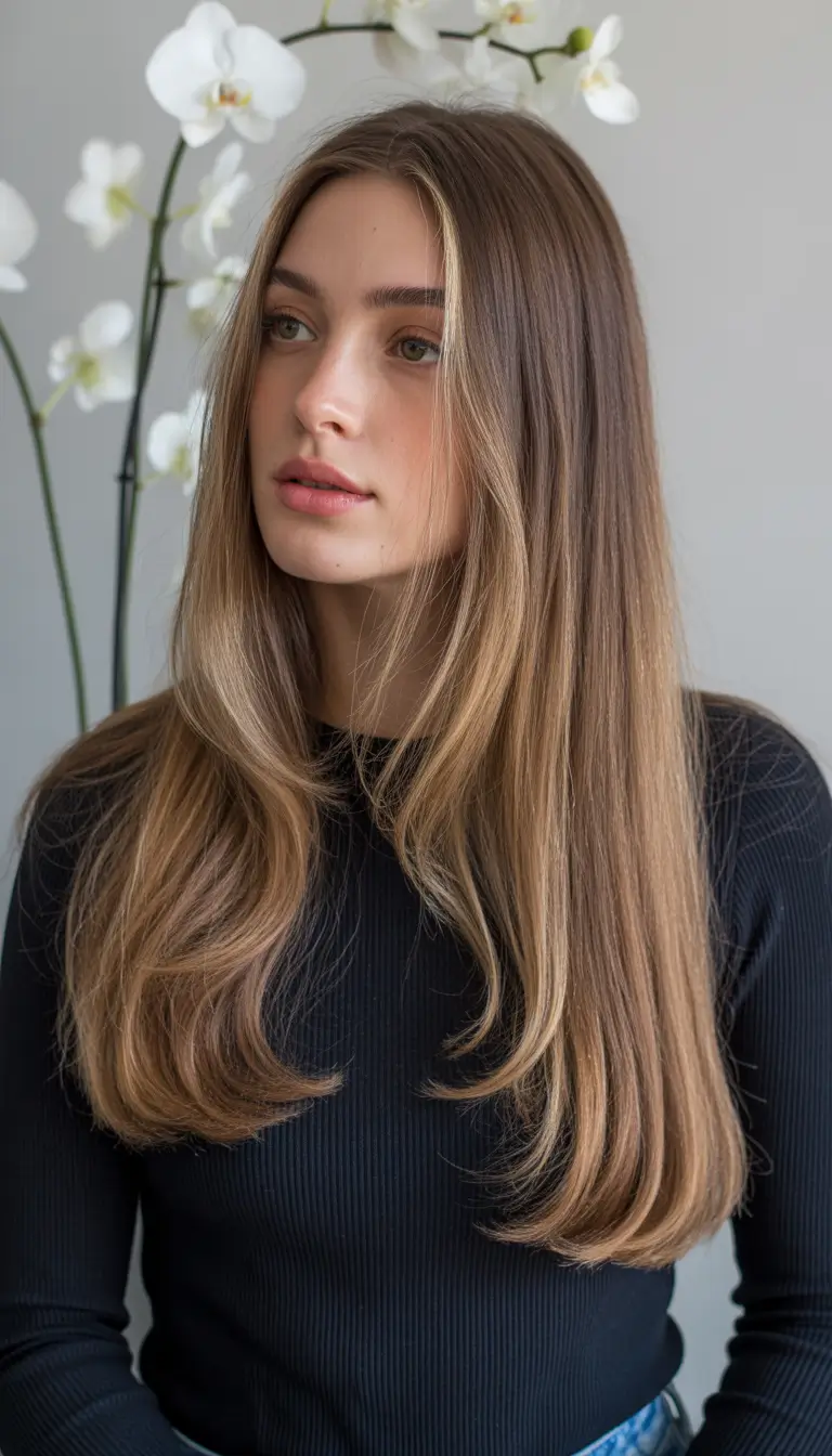 Fall brunette hair color Soft Layered Balayage with Subtle Honey Ribbons