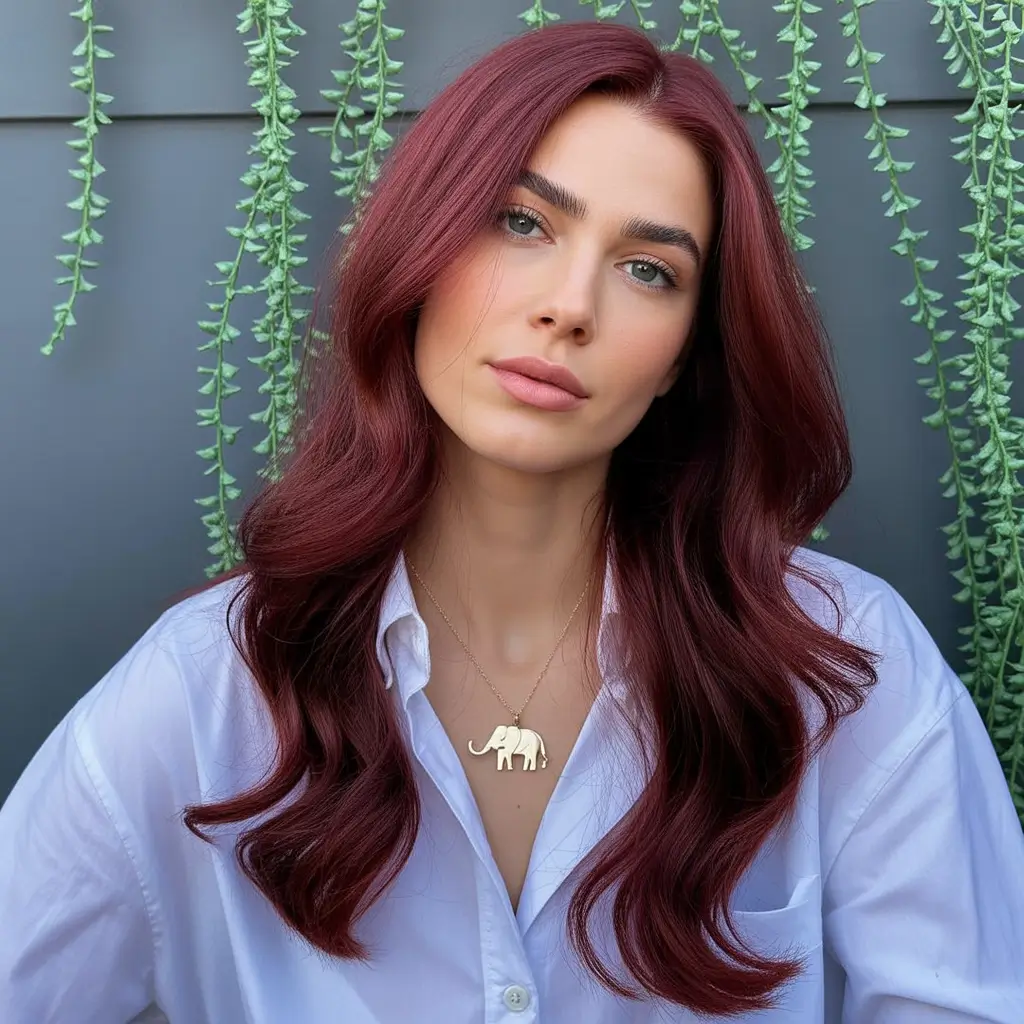 Fall brunette hair color Glossy Deep Red with Soft Romantic Waves