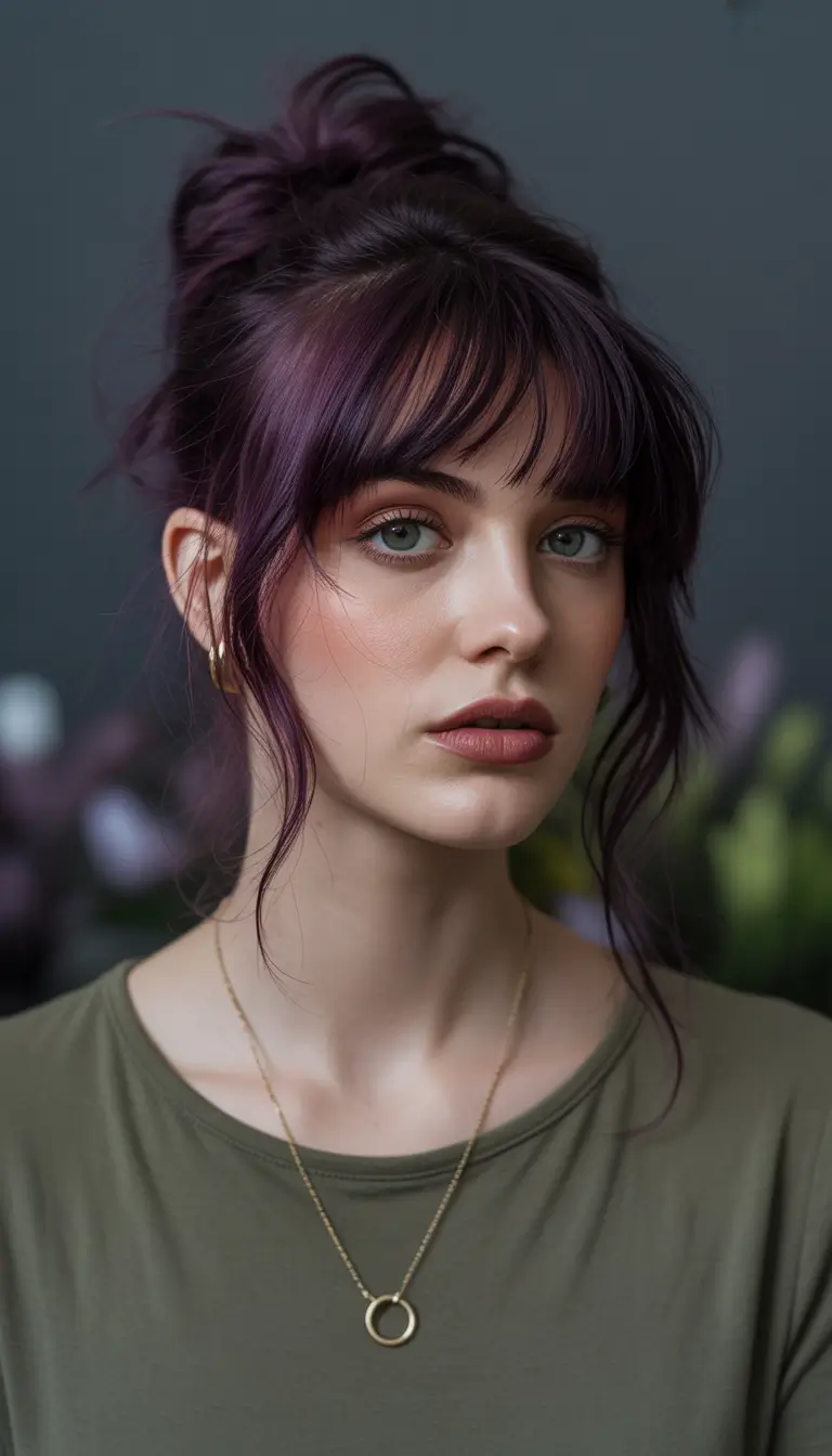 Fall brunette hair color Muted Plum with Curtain Bangs and a Messy Updo
