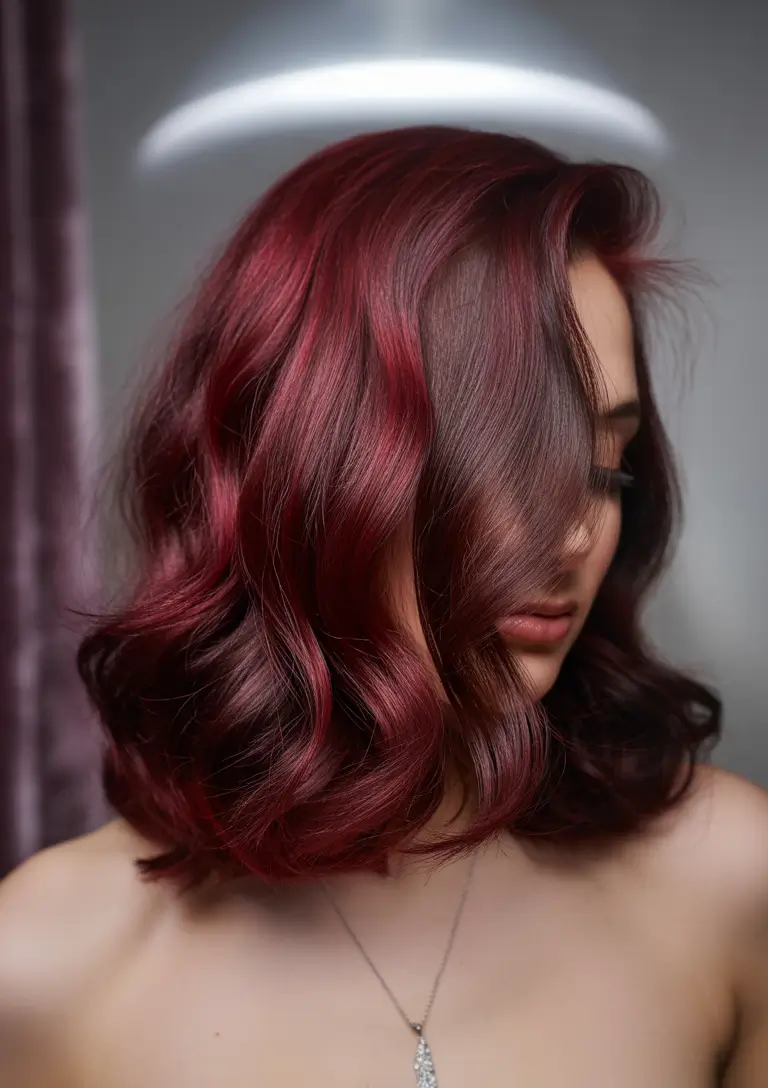 Fall brunette hair color Burgundy Velvet with a Sculpted Lob