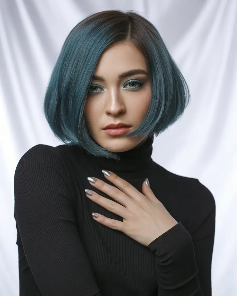 Fall brunette hair color Chic Steel Blue Bob