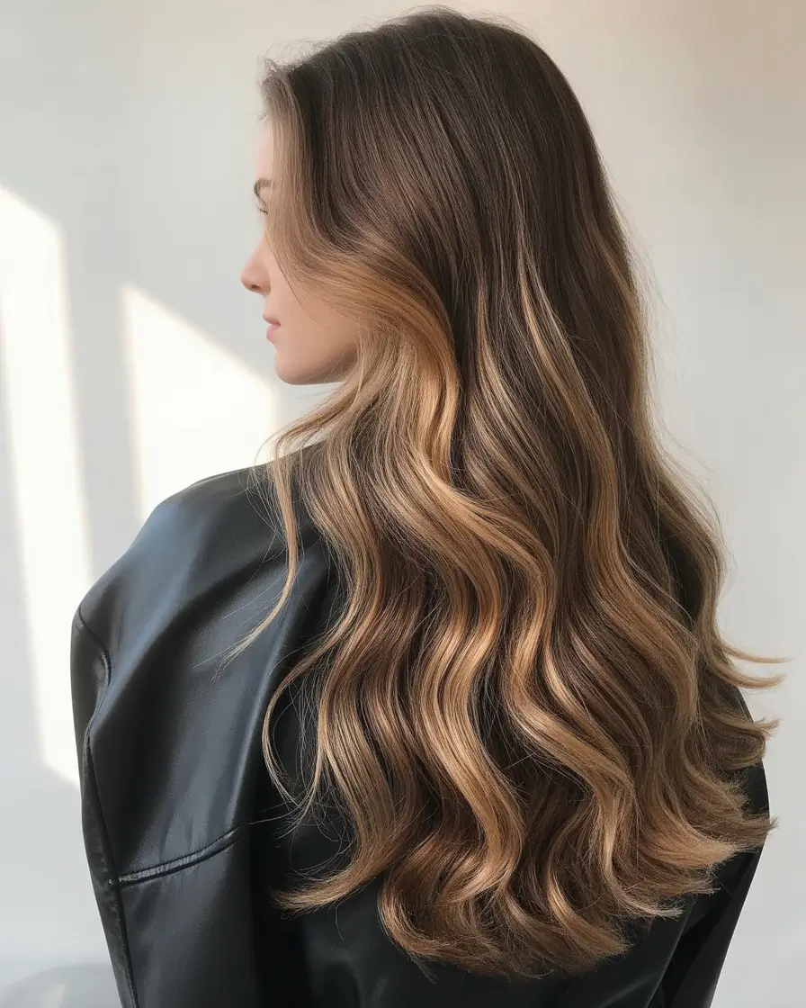 Fall brunette hair color 2025 Golden Melt with Effortless Waves