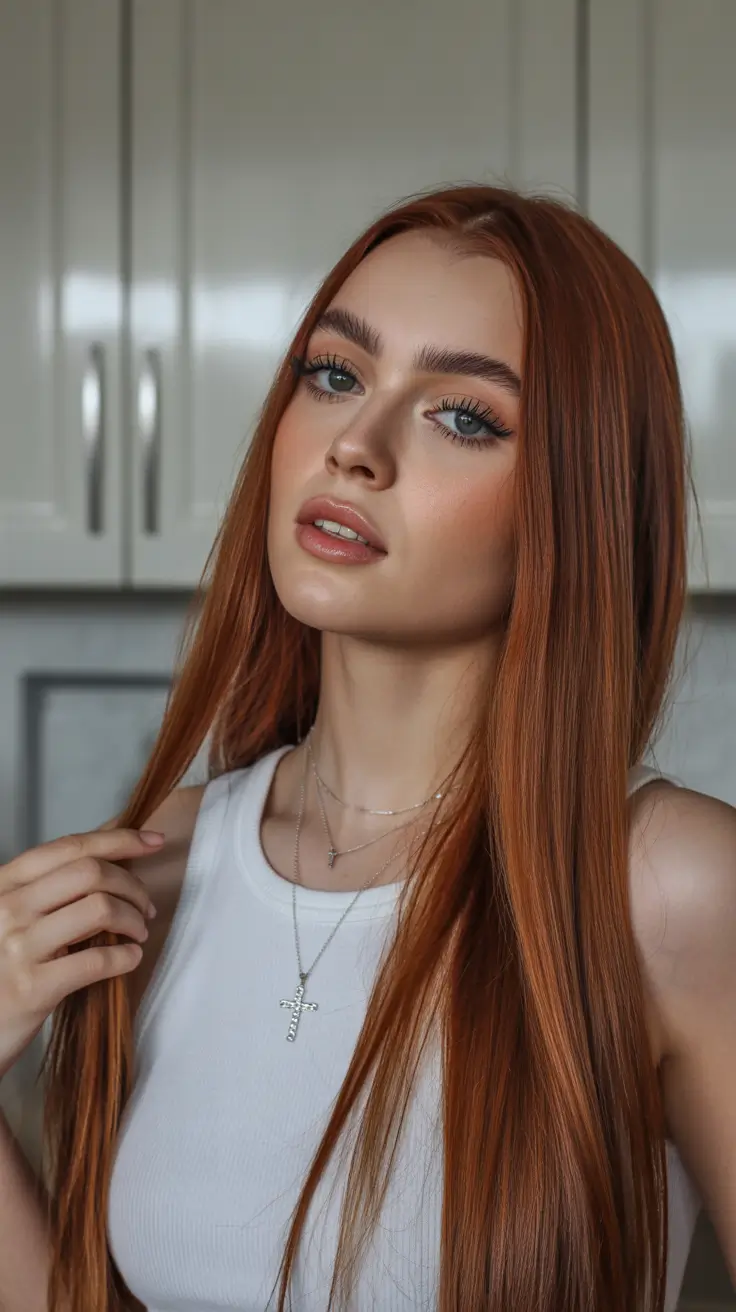 Fall brunette hair color 2025 Burnt Copper Sleekness with Fire Vibes