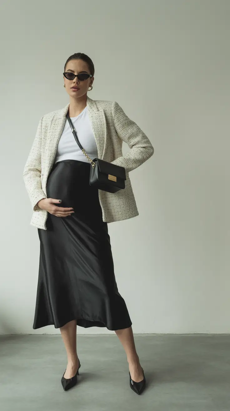 fall outfits for pregnant women Timeless Elegance in Tweed and Satin