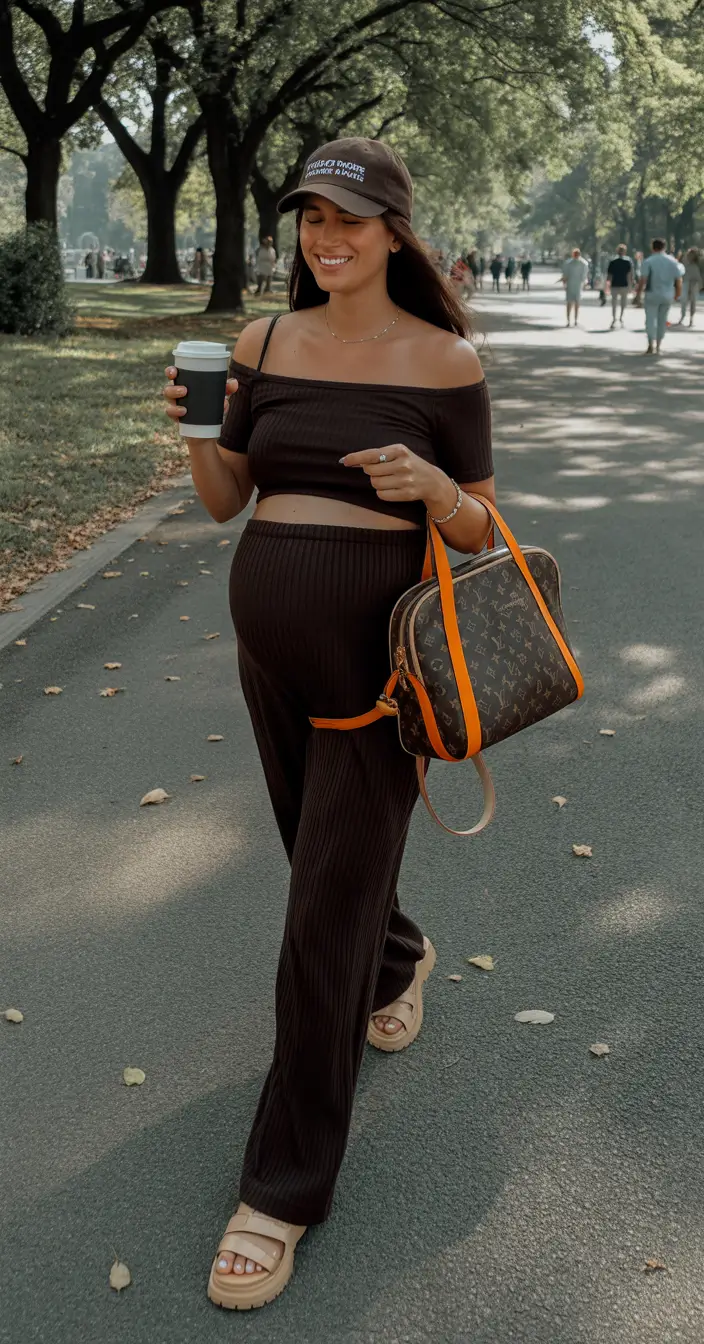 fall outfits for pregnant women Laid-Back Luxe in Espresso Ribbed Knit