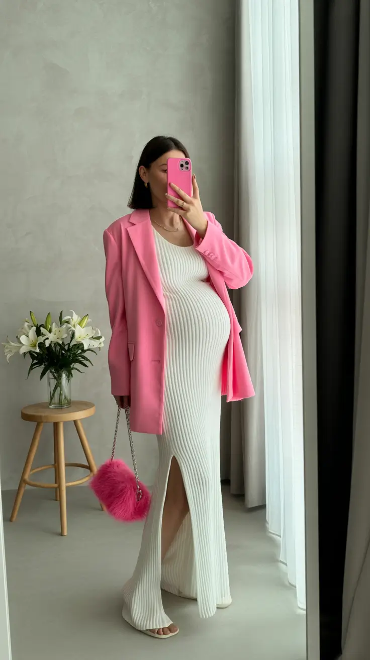 fall outfits for pregnant women Bubblegum Blazer With Minimalist Glam