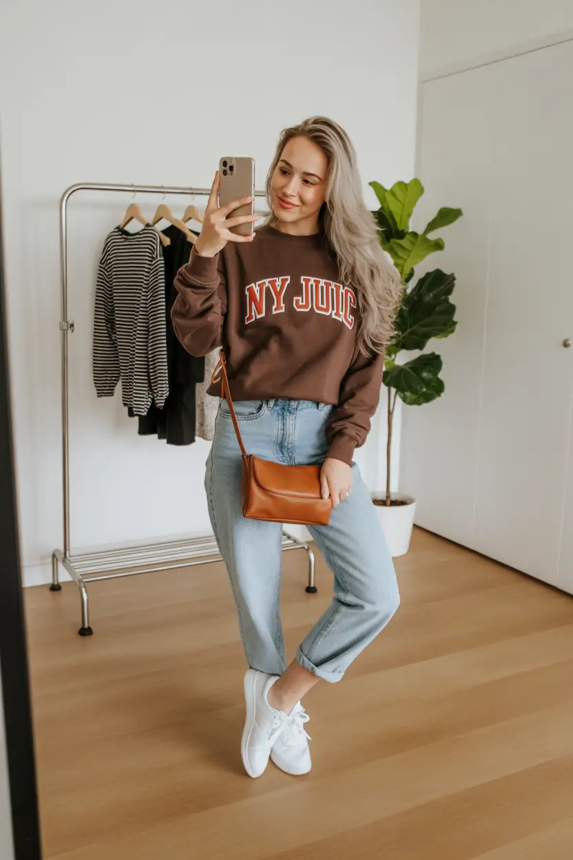 fall outfits Graphic Crewneck and Rolled Denim