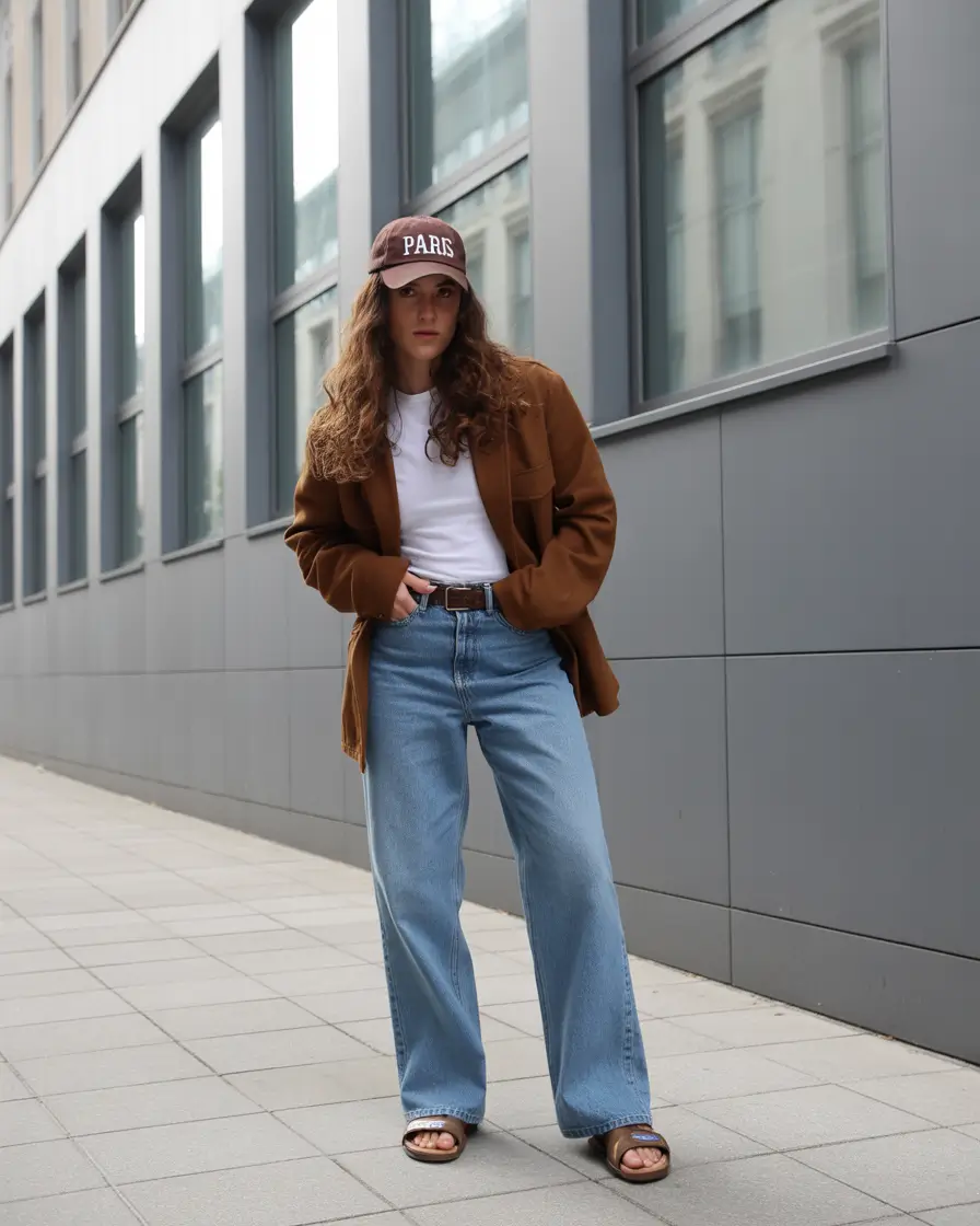 fall outfits Baseball Cap Meets Brown Blazer Energy