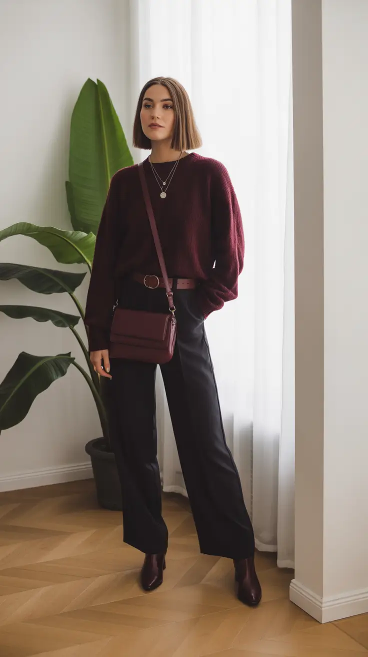 fall outfits with boots Burgundy and Black: Fall’s Forever Favorite