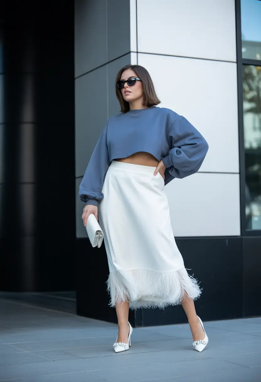 fall plus size capsule wardrobe Feather-Trimmed Elegance with an Edge