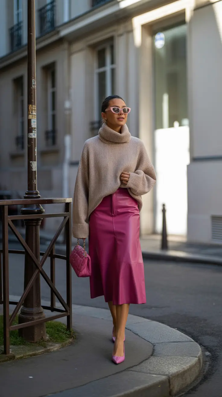 fall skirt outfits 2025 Warm Neutrals and a Pop of Bubblegum