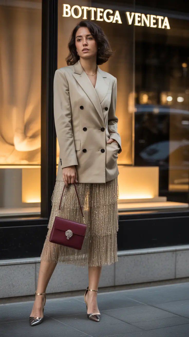 fall skirt outfits 2025 Champagne Fringe and Tailored Neutrals