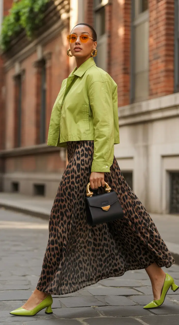 fall skirt outfits 2025 Leopard Luxe with a Lime Twist