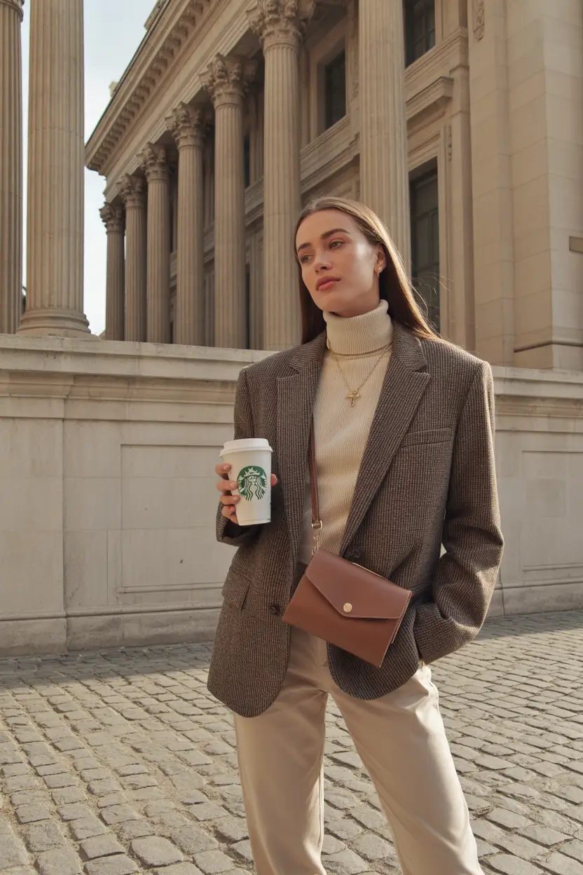 fall transition outfits 2025 Classic Fall Layers with Coffee in Hand