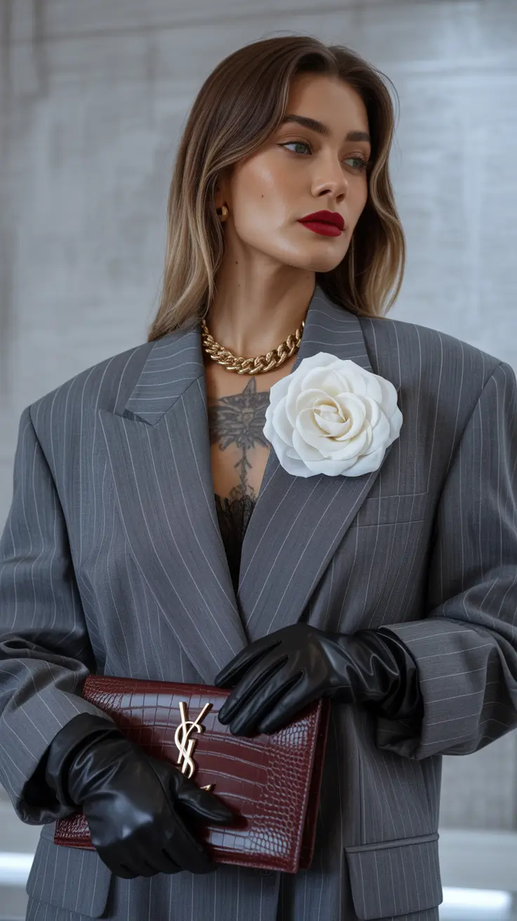 fall transition outfits Pinstripe Drama with a Feminine Edge