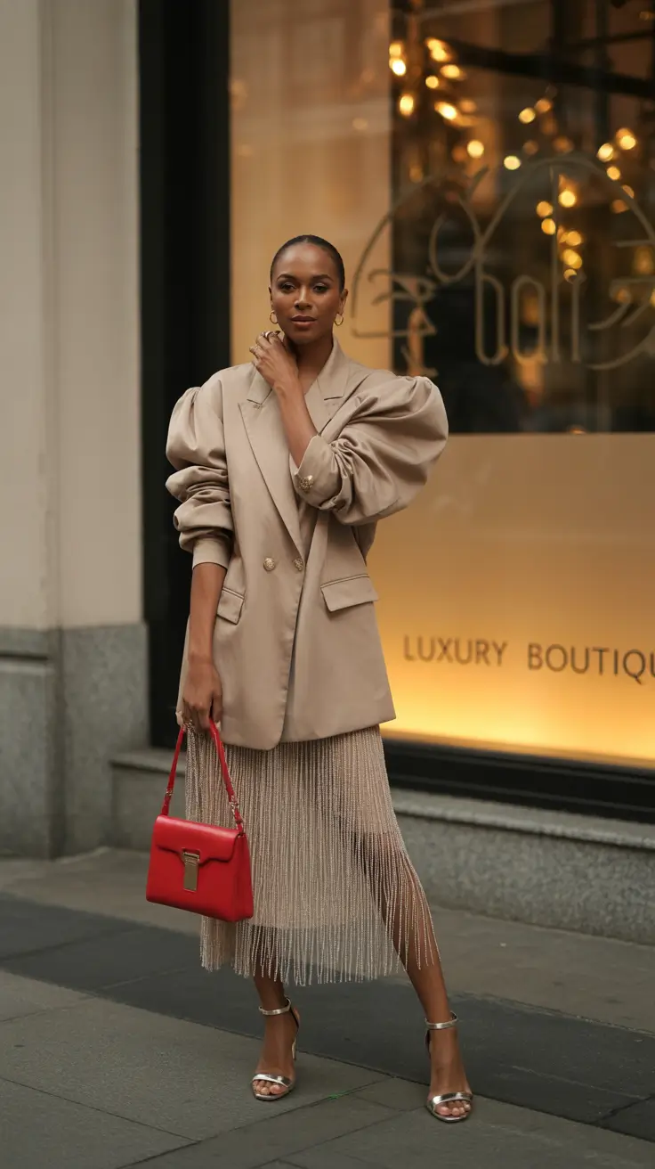 fall transition outfits Statement Blazer Meets Fringe Fantasy