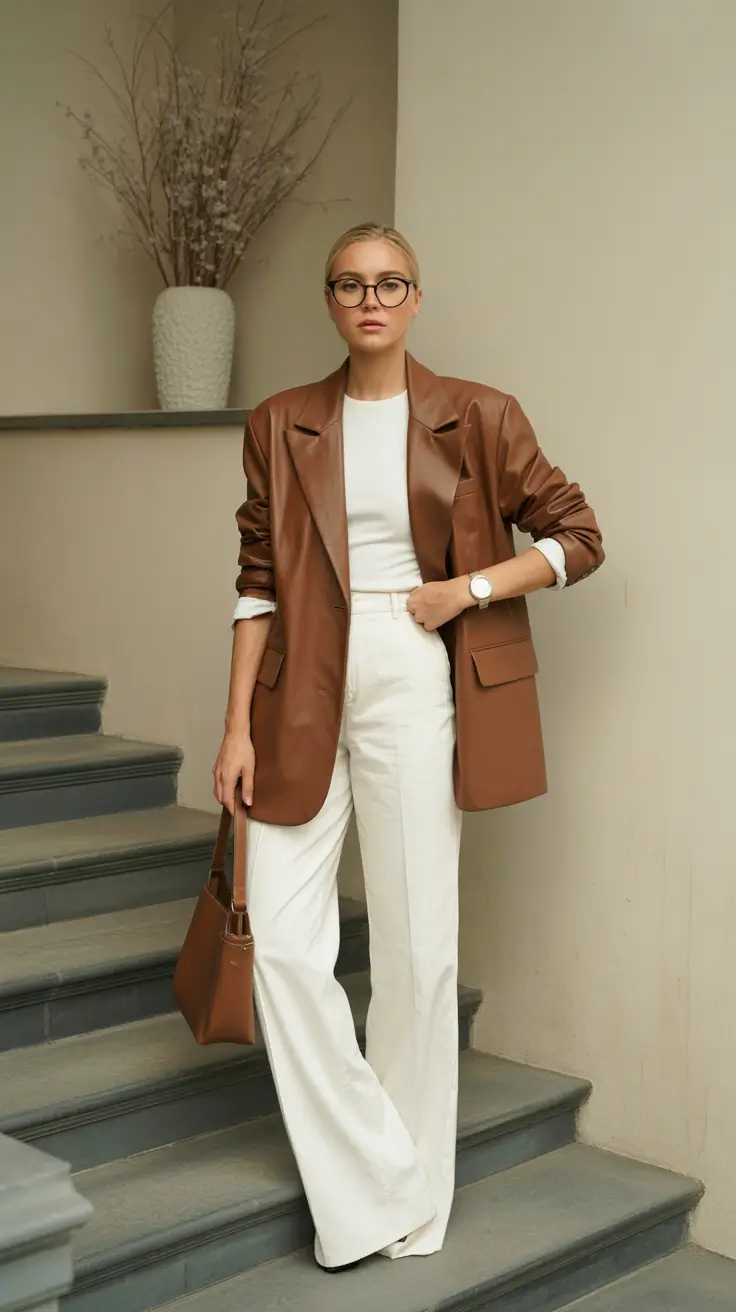 fall transition outfits Leather Blazer and White Denim Contrast